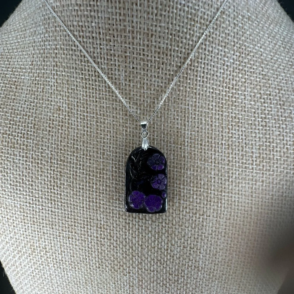 Arch Shaped Deer and Flowers Sugilite Pendant on Sterling Silver Box Chain - Picture 14 of 16